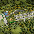 Outdoor Park Complex Featuring Colorful Slide Sports Field Buildings Trees And Water Channel