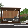 Modern Garden Landscape With Wooden Pavilion Outdoor Seats Green Plants And Ambient Lighting