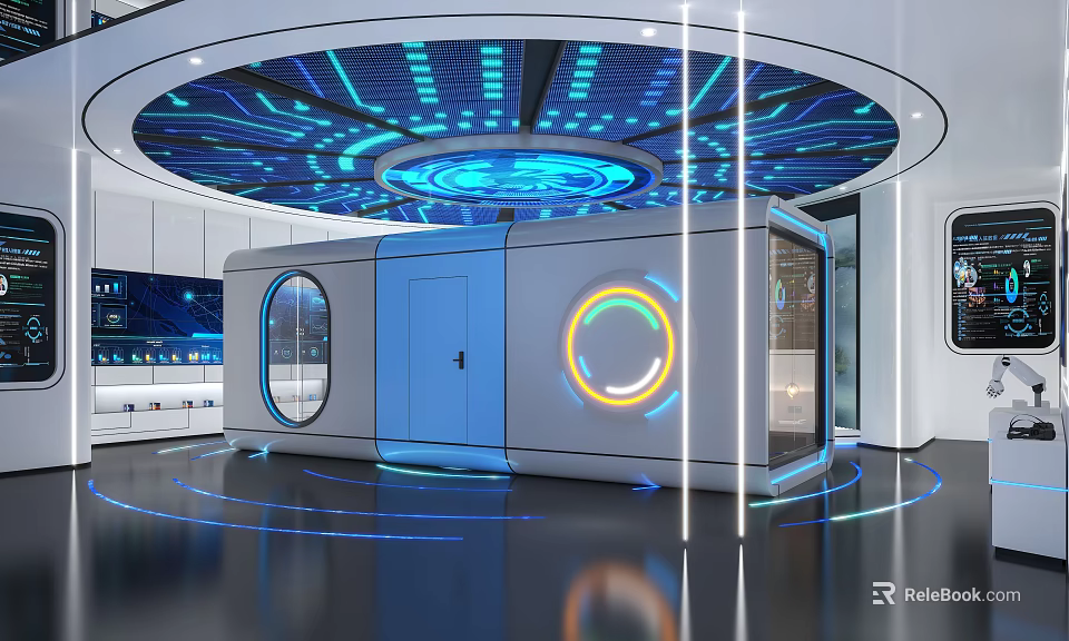 Futuristic Modern Guesthouse Architecture Featuring Blue Lighting Circular Glowing Elements And Tech Inspired Design 3d model