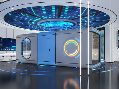 Futuristic Modern Guesthouse Architecture Featuring Blue Lighting Circular Glowing Elements And Tech Inspired Design 3d model