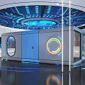 Futuristic Modern Guesthouse Architecture Featuring Blue Lighting Circular Glowing Elements And Tech Inspired Design 3d model