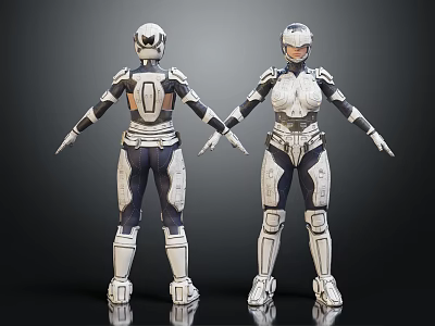 Two Futuristic Armored Female Characters in White and Dark Armor with Helmets Standing 3d model