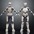 Two Futuristic Armored Female Characters in White and Dark Armor with Helmets Standing