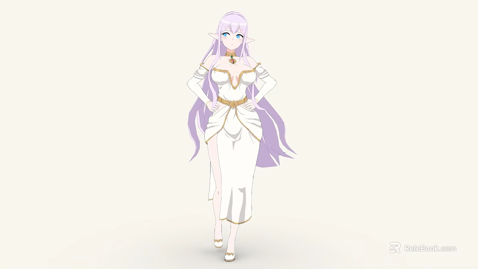 Elegant Woman With Long Purple Hair Blue Eyes And White Dress With Gold Accents 3d model 