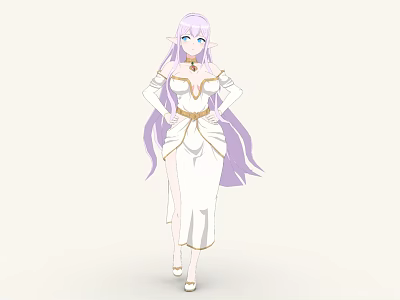 Elegant Woman With Long Purple Hair Blue Eyes And White Dress With Gold Accents 3d model
