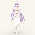 Elegant Woman With Long Purple Hair Blue Eyes And White Dress With Gold Accents