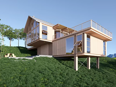 Modern Detached House on Hillside with Large Windows Wooden Balcony and Green Grass 3d model