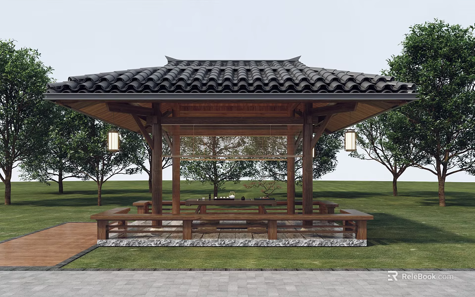 Chinese Style Garden Ornament Pavilion With Tiled Roof Wooden Structure And Green Grass 3d model 