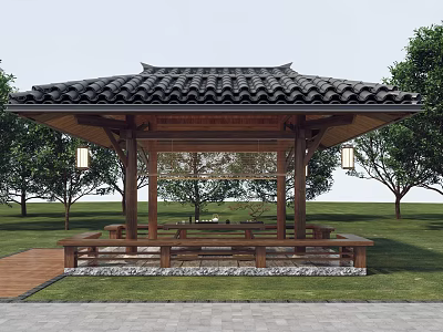 Chinese Style Garden Ornament Pavilion With Tiled Roof Wooden Structure And Green Grass 3d model