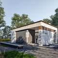 Modern Outdoor Public Restroom Facility With Trees Bench And People Nearby