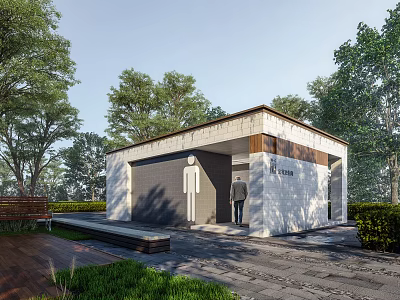 Modern Outdoor Public Restroom Facility With Trees Bench And People Nearby 3d model
