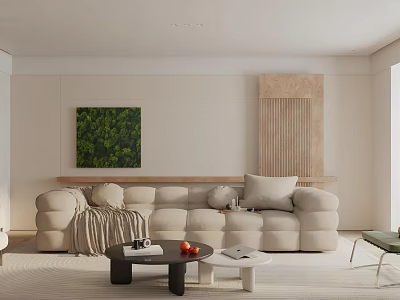 Modern Minimalist Living Room Interior With Beige Cloud Sofa Green Plant Painting And Wooden Decor 3d model