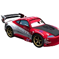 Red and White Streamlined Racing Car with Black Hood Gold Wheels Rear Spoiler and Logos