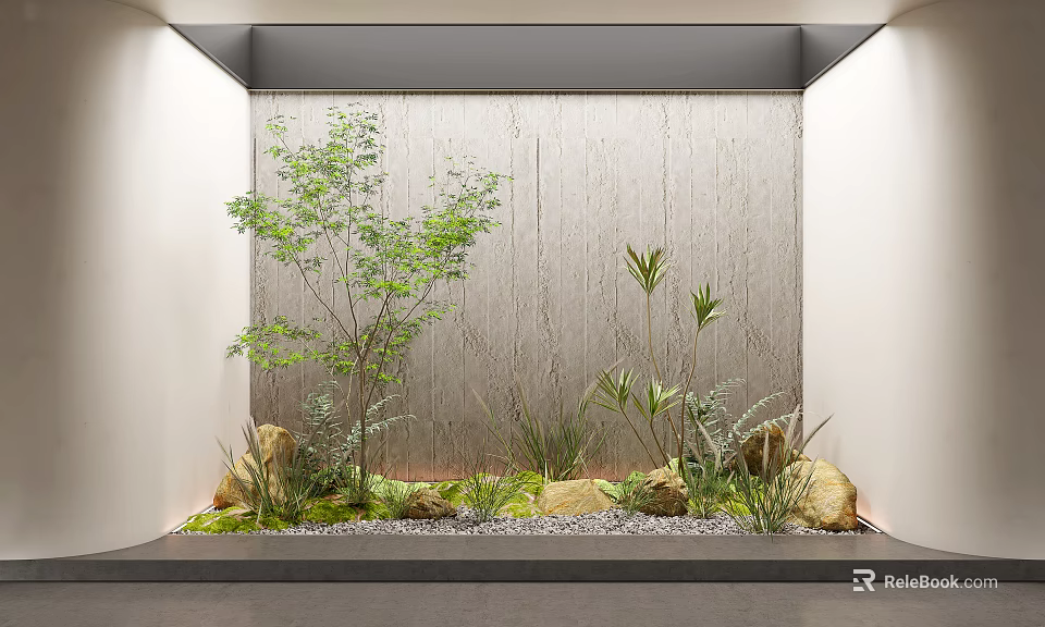 Green Plants in Indoor Scene with Rocks Pebbles and Wooden Wall Design 3d model 