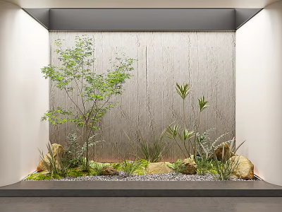 Green Plants in Indoor Scene with Rocks Pebbles and Wooden Wall Design 3d model