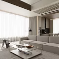 Modern Minimalist Open Concept Dining Living Room With Large Windows Wooden Elements Sofa Coffee Table And Lighting