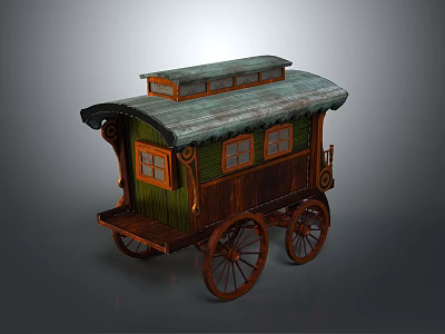 Vintage Caravan Structure With Green Wooden Walls Tiled Roof And Wooden Wheels 3d model