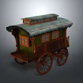 Vintage Caravan Structure With Green Wooden Walls Tiled Roof And Wooden Wheels