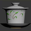 Handcrafted White Ceramic Sculpture With Lid Saucer And Green Leaf Patterns 3d model