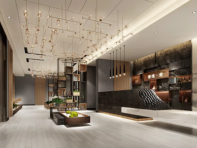Modern Hotel Lobby Interior With Chandelier Reception Desk Green Plants And Tile Flooring 3d model