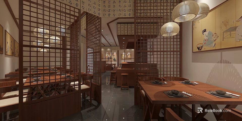 Japanese Style Restaurant Interior With Wooden Lattice Lantern Pendant Lights Wooden Tables And Neat Tableware 3d model 