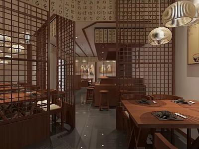 Japanese Style Restaurant Interior With Wooden Lattice Lantern Pendant Lights Wooden Tables And Neat Tableware 3d model