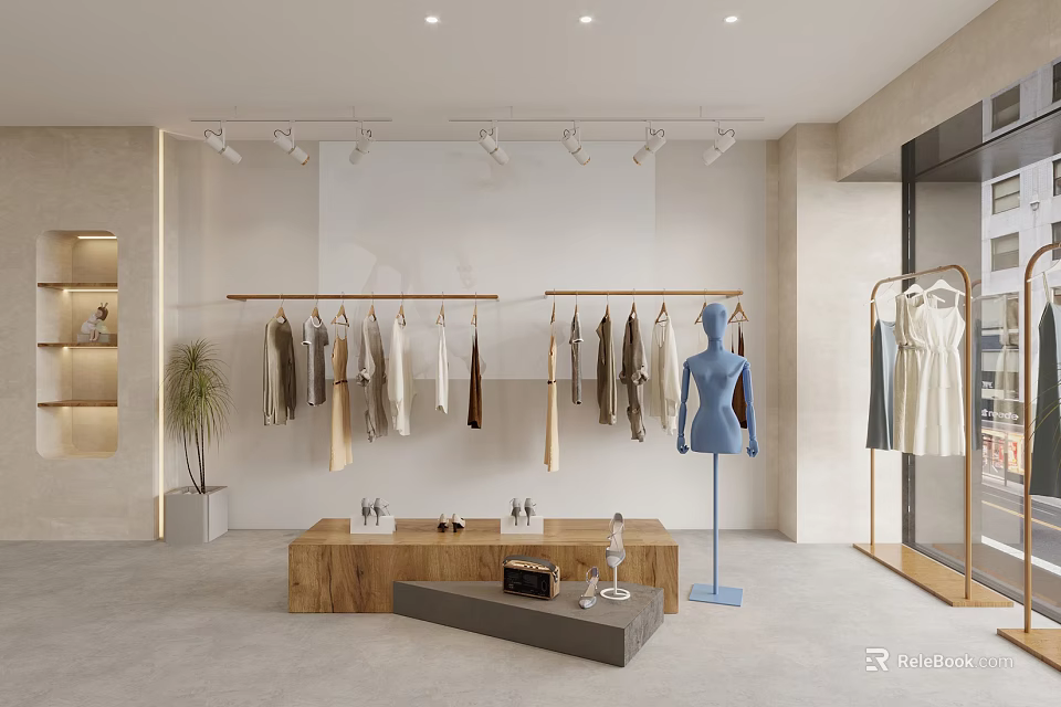 Modern Clothing Store Interior With Hanging Clothes Mannequin Display Table And Spotlights 3d model 
