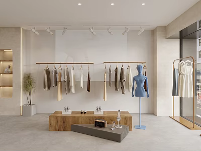 Modern Clothing Store Interior With Hanging Clothes Mannequin Display Table And Spotlights 3d model