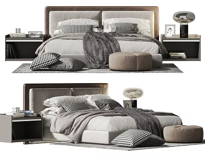 Modern Double Bed With Upholstered Headboard Plaid Pillows Gray Blanket Nightstands And Round Ottoman 3d model