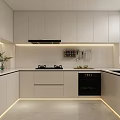 Modern Kitchen Interior With White Cabinets Marble Countertop LED Lighting And Appliances