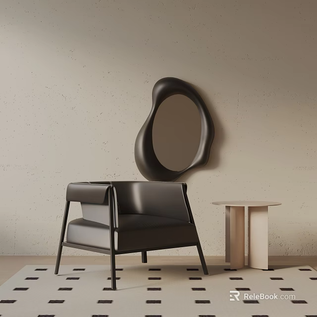 Black Leather Accent Chair With Small Round Side Table And Abstract Mirror On Neutral Wall 3d model 