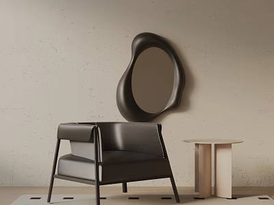 Black Leather Accent Chair With Small Round Side Table And Abstract Mirror On Neutral Wall 3d model
