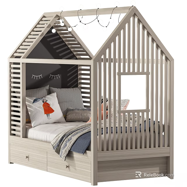 House Shaped Kids Bed With Slatted Wooden Frame Roof Design Storage Drawers And Cartoon Pillows 3d model 