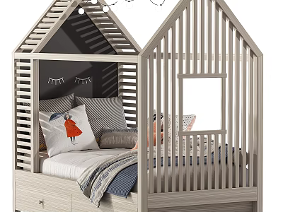House Shaped Kids Bed With Slatted Wooden Frame Roof Design Storage Drawers And Cartoon Pillows 3d model