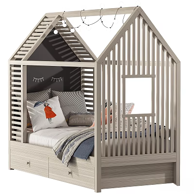 House Shaped Kids Bed With Slatted Wooden Frame Roof Design Storage Drawers And Cartoon Pillows 3d model