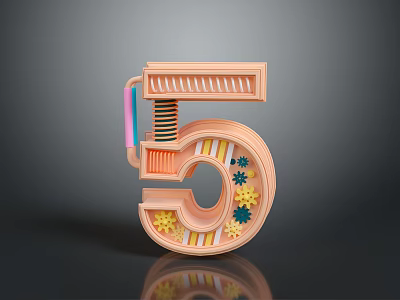 Modern 3D Number Five Home Decor Piece With Gears Pipes And Colorful Elements 3d model