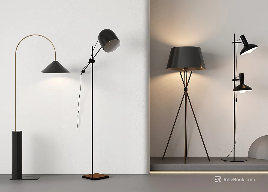 Modern Sleek Floor Lamps With Tripod Metal Bases And Arched Designs For Home Lighting Decor 3d model 