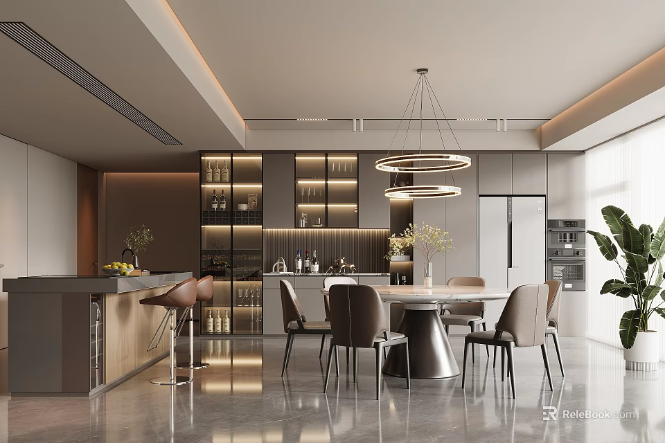 Modern Restaurant Interior With Open Kitchen Round Dining Table Bar Counter And Pendant Lights 3d model