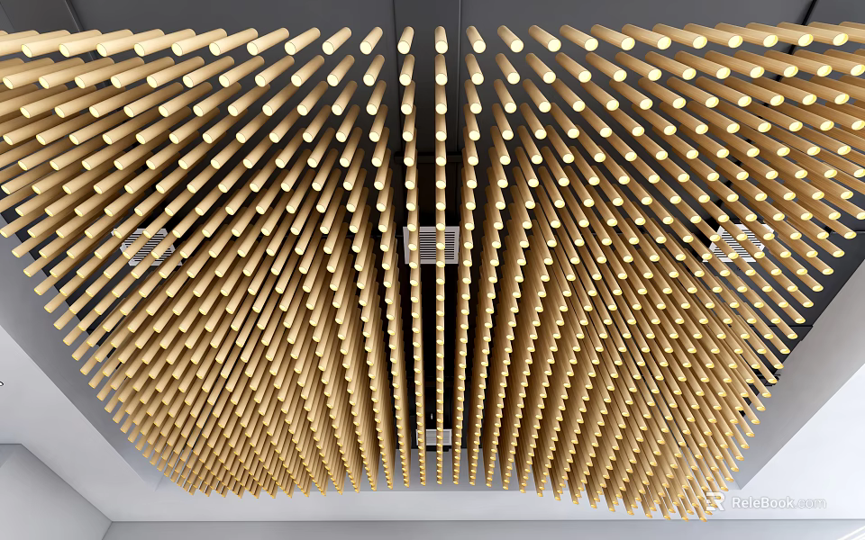 Modern Wooden Slat Ceiling Design With Geometric Patterns And Soft Lighting 3d model