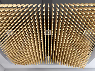 Modern Wooden Slat Ceiling Design With Geometric Patterns And Soft Lighting 3d model