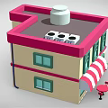 Cartoon Cafe Scene With Pink Roof Yellow Walls Striped Awnings Green Windows And Outdoor Tables
