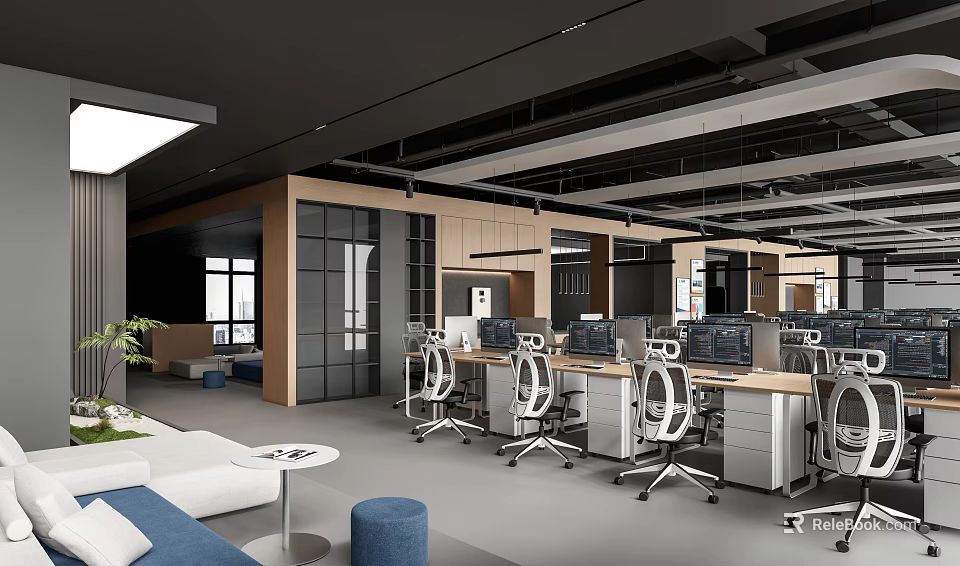 Modern Public Office Interior With Open Layout Desks Computers Lounge And Green Plants 3d model 