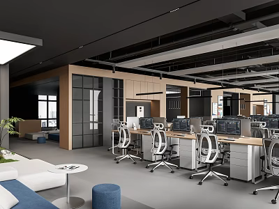 Modern Public Office Interior With Open Layout Desks Computers Lounge And Green Plants 3d model