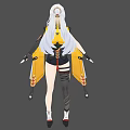 Silver Haired Woman In Yellow And Black Futuristic Outfit With Equipped Waist And Long Boots