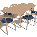 Modern Wooden Dining Table Set With Chairs And Blue Cushions 3d model