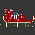 Red Santa Sleigh With Golden Frame Decorated With Colorful Gifts And Snowflake Patterns
