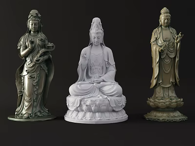 Exquisite Guanyin Sculpture Carving Featuring Three Different Material Buddha Statues with Intricate Details 3d model