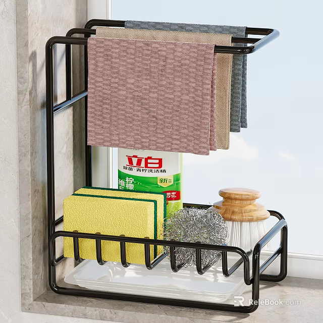Black Kitchenware Storage Rack With Towels Sponge Scrubber And Wooden Lid Container 3d model 