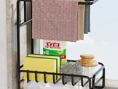 Black Kitchenware Storage Rack With Towels Sponge Scrubber And Wooden Lid Container 3d model