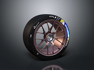 Racing Tire Featuring Black Rubber Copper Colored Alloy Wheel And Stylish Spoke Design 3d model